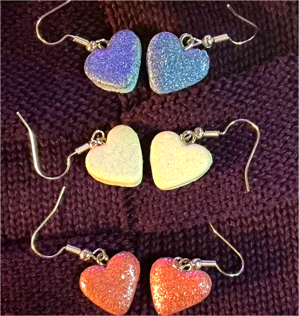 Polymer Clay Glitter Heart Earrings — Iridescent Shimmer in 3 Colors